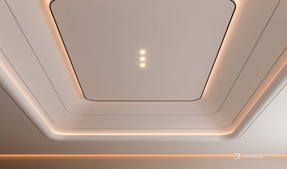 Modern Ceiling Design with Geometric Layered Structure and LED Strip Lights and Embedded Spotlights 3d model 
