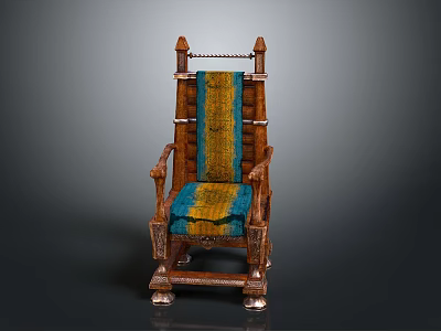 Classic Style Single Sofa With Wooden Frame Carved Details And Blue Yellow Striped Fabric 3d model