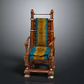 Classic Style Single Sofa With Wooden Frame Carved Details And Blue Yellow Striped Fabric