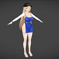 Woman In Blue Dress With Black Cap Long Blonde Hair And Arms Outstretched In Sandals