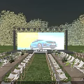 Outdoor Car Display Event On Grassland With Blue Cars Large Screen Tents And Tables