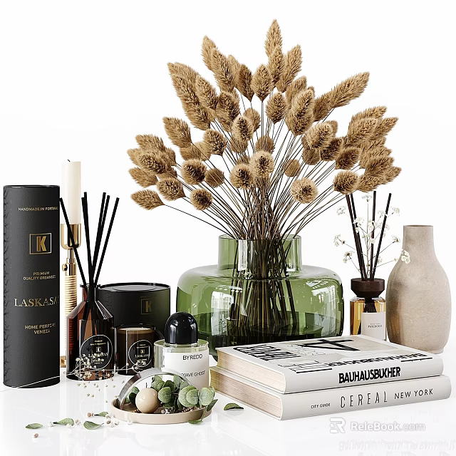 Decorative Ornament Set With Green Vase Dried Flower Bouquet Fragrance Bottles And Books 3d model 