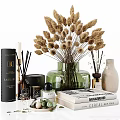 Decorative Ornament Set With Green Vase Dried Flower Bouquet Fragrance Bottles And Books