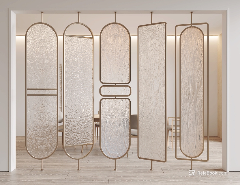Modern Interior Glass Room Divider With Golden Metal Frame And Geometric Panels 3d model 