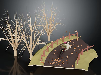 Cartoon Scene of Person Riding Bike With Fallen Leaves Leafless Trees and Fence 3d model