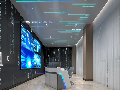 Modern Control Room With Multiple Screens Control Desk Data Display Blue Lighting And Digital Walls 3d model