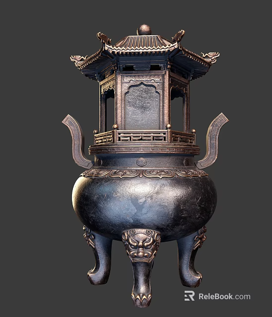 Black Metal Garden Ornament With Carved Decorations Pagoda Top And Lion Head Base 3d model 