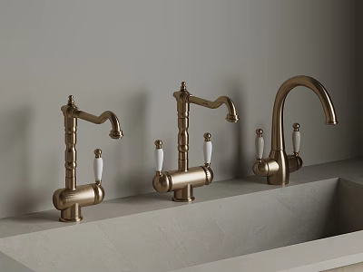 Three Stylish Brass Kitchen Faucets On Light Countertop For Home Decor 3d model
