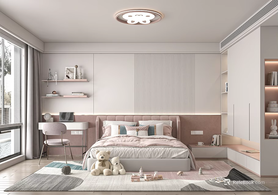 Modern Kids Room Interior With Bed Pillows Teddy Bear Desk Chair And Cozy Rug 3d model 