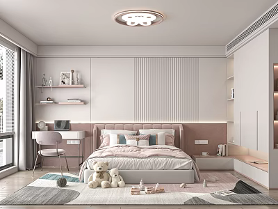Modern Kids Room Interior With Bed Pillows Teddy Bear Desk Chair And Cozy Rug 3d model