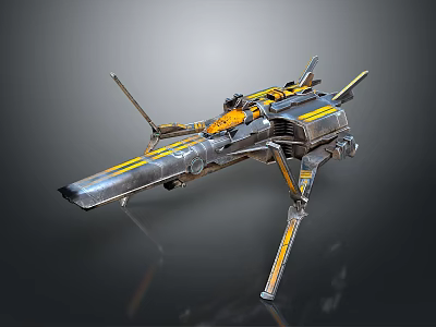 Futuristic Metallic Combat Weapon With Yellow Stripes Wing Like Structures And Mechanical Components 3d model