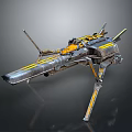 Futuristic Metallic Combat Weapon With Yellow Stripes Wing Like Structures And Mechanical Components
