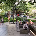 Garden Landscape With Paved Pathways People Relaxing On Benches And Lush Green Foliage