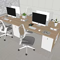 Modern Light Wood Office Desk With Dual Monitors Ergonomic Chairs And Green Plants