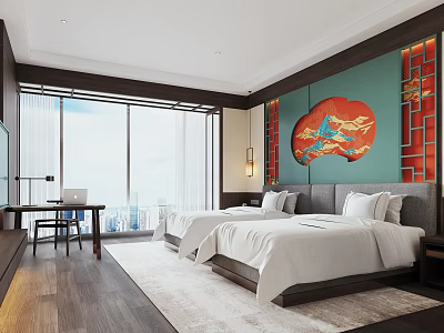 Hotel Guest Room With Twin Beds Chinese Traditional Decorative Wall And City View 3d model