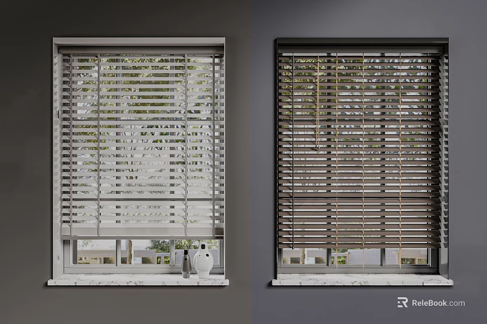 White and Brown Window Blinds Showing Natural Tree View and Decor on Windowsill 3d model 