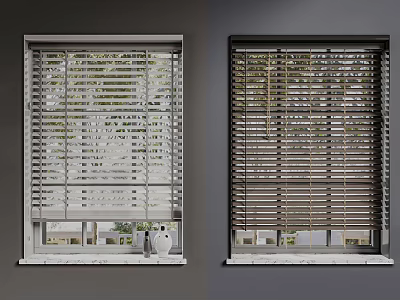 White and Brown Window Blinds Showing Natural Tree View and Decor on Windowsill 3d model
