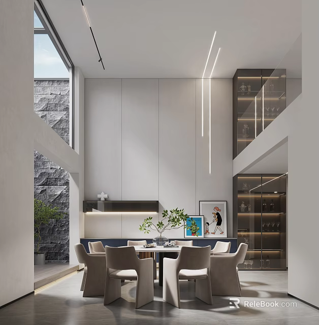 Modern Restaurant Interior With High Ceiling Large Windows Dining Table Green Plant And Wine Cabinet 3d model