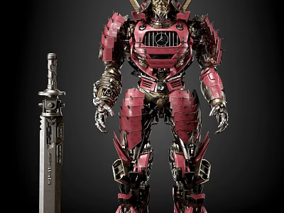 Red Gold Mechanical Robot With Detailed Armor And Large Sword 3d model