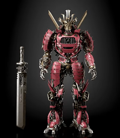 Red Gold Mechanical Robot With Detailed Armor And Large Sword 3d model