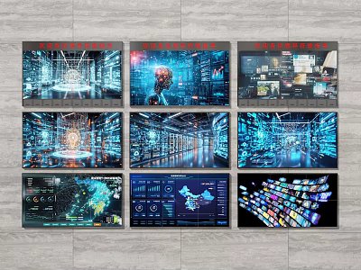 Tech Display Screens Featuring Digital Data Visualization AI Interfaces And Server Monitoring Systems 3d model