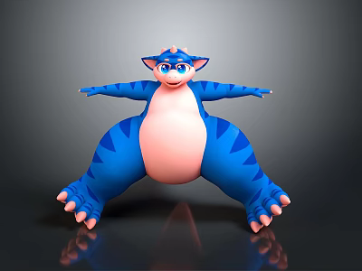 Blue Striped Cartoon Creature With Pink Belly In Playful Stretching Pose 3d model