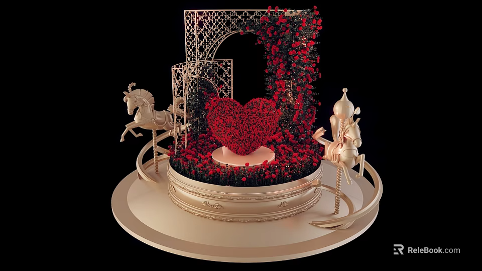 Art Installation With Red Heart Centerpiece Red Flowers And Golden Decorations On Circular Base 3d model 
