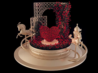 Art Installation With Red Heart Centerpiece Red Flowers And Golden Decorations On Circular Base 3d model