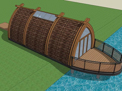Curved Roof Brown Tiled Floating House With Wooden Deck Black Railings And Water View 3d model