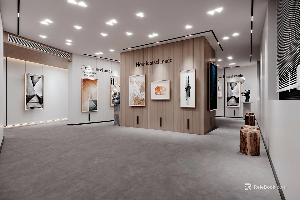 Spacious Well Lit Exhibition Hall With Wooden Display Cabinets And Artworks 3d model 