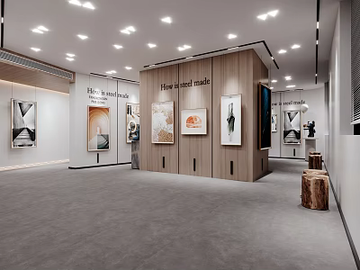 Spacious Well Lit Exhibition Hall With Wooden Display Cabinets And Artworks 3d model