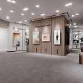 Spacious Well Lit Exhibition Hall With Wooden Display Cabinets And Artworks