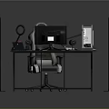 Modern Gaming Desk Setup With Computer Monitor Ergonomic Chair Headset And PC Tower