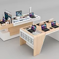 Wooden Display Shelves With Laptops And Brochures For Electronics Retail Showcase