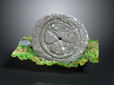 Rustic Circular Stone Carving With Natural Moss And Grass Base 3d model