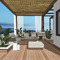 Rooftop Garden With Wooden Deck Cozy Sofa Green Plants Pergola And Ocean View