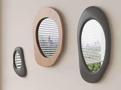 Three Oval Mirrors with Black and Wooden Frames on Light Wall Showing City View 3d model