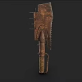 Rusted Blade Weapon With Metal Strips And Leather Handle Design