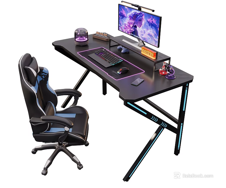 Gaming Desk Decorative Accessories Set With Monitor Keyboard Mouse RGB Lights And Chair 3d model 