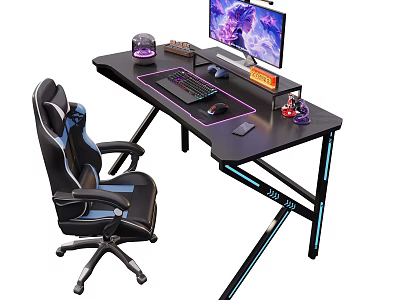 Gaming Desk Decorative Accessories Set With Monitor Keyboard Mouse RGB Lights And Chair 3d model