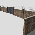 Building Exterior Wall with Solid Brick Structure Barbed Wire on Top and Iron Gate 3d model