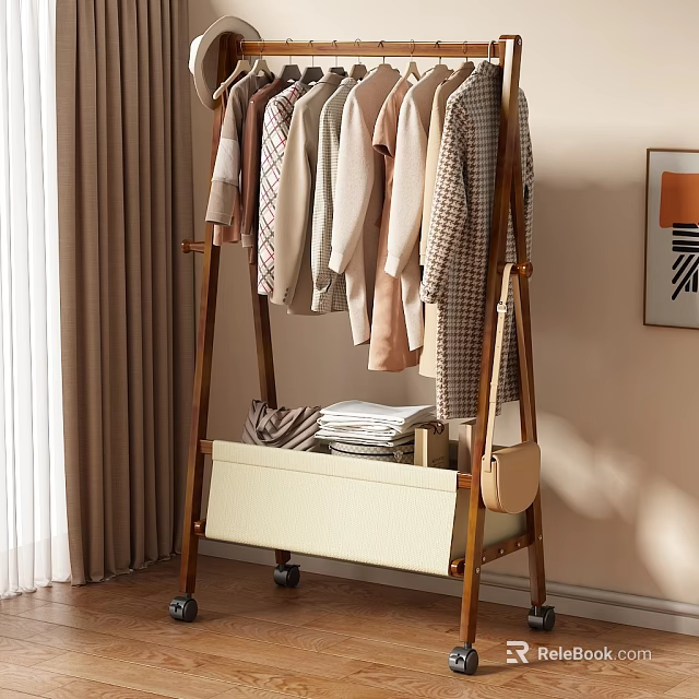 Light Colored Clothes Hanging On Wooden Rack With Folded Clothes In Drawer And Small Bag 3d model 