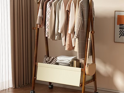 Light Colored Clothes Hanging On Wooden Rack With Folded Clothes In Drawer And Small Bag 3d model