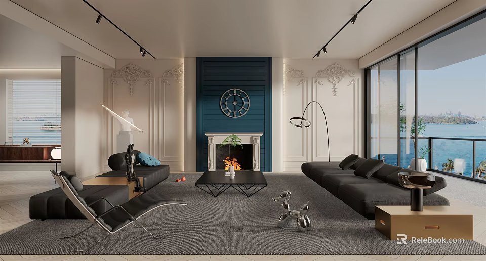Modern Luxury Living Room Interior With Blue Accent Wall Fireplace Black Sofas And Decorative Pieces 3d model 