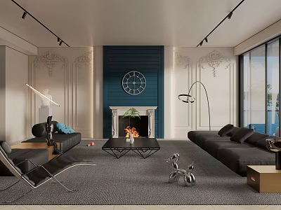 Modern Luxury Living Room Interior With Blue Accent Wall Fireplace Black Sofas And Decorative Pieces 3d model