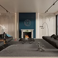 Modern Luxury Living Room Interior With Blue Accent Wall Fireplace Black Sofas And Decorative Pieces
