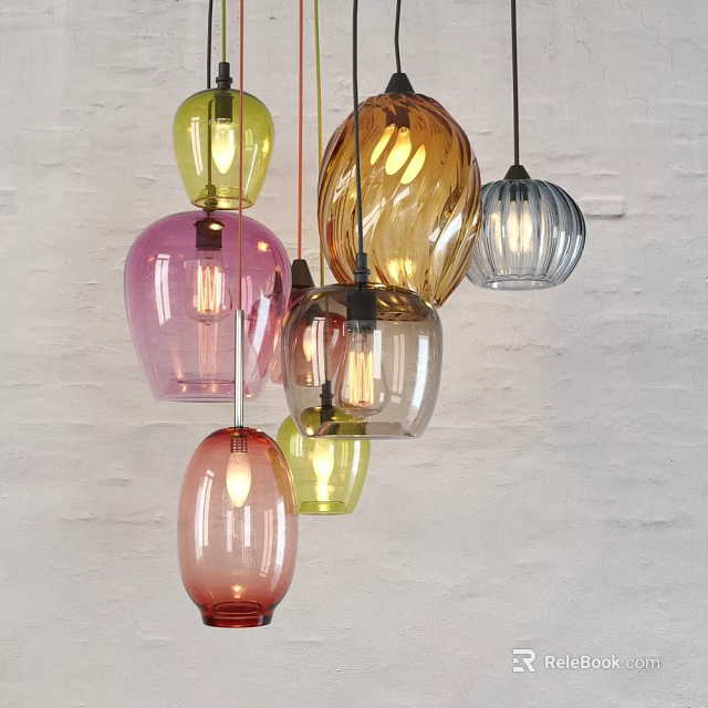 Colorful Glass Pendant Lights with Various Shapes and Textured Surfaces Hanging in Modern Interior 3d model 