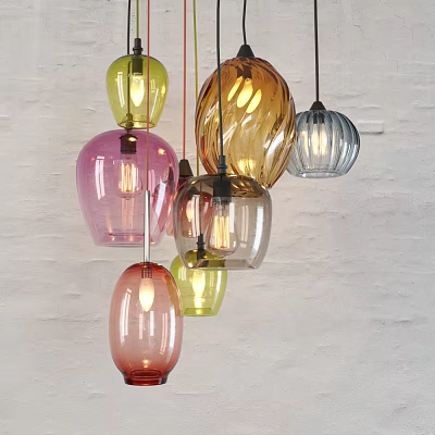 Colorful Glass Pendant Lights with Various Shapes and Textured Surfaces Hanging in Modern Interior 3d model