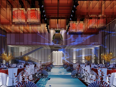 Elegant Chinese Banquet Hall Featuring Red Lanterns Lighting Staircase Blue Carpet And Decorative Flowers 3d model