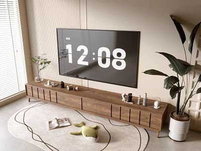 Stylish Modern Wooden TV Stand With Decor Items And Green Plants In Living Room 3d model